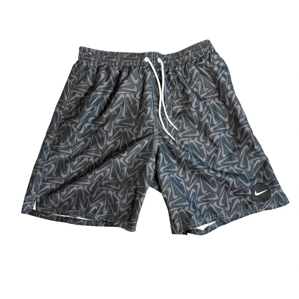 Rare Nike Swim Trunks Men XL Black Swoosh All Over Print Mesh Lined Board Shorts